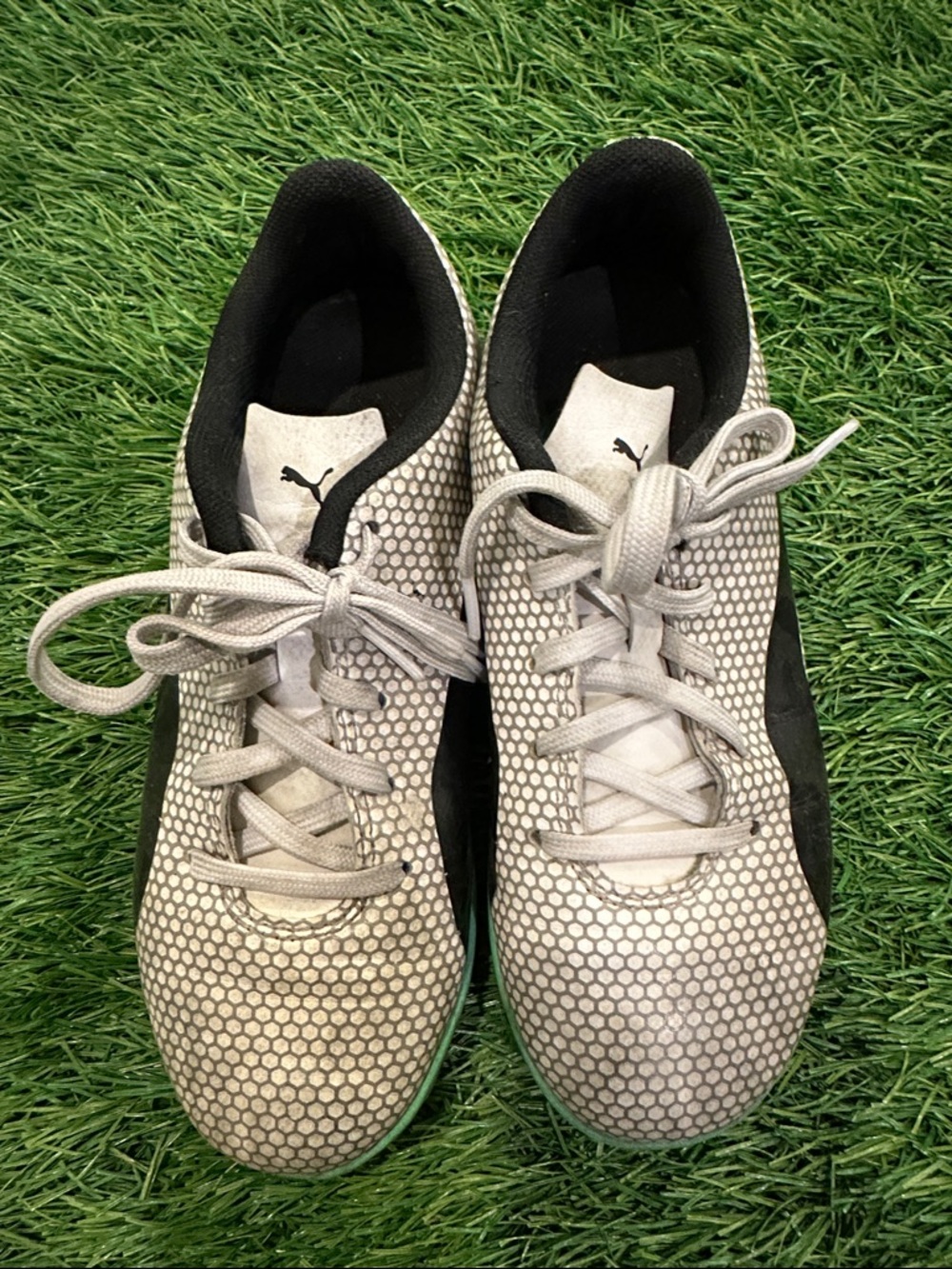 Puma White and Black Hex-Pattern turf shoes size 3